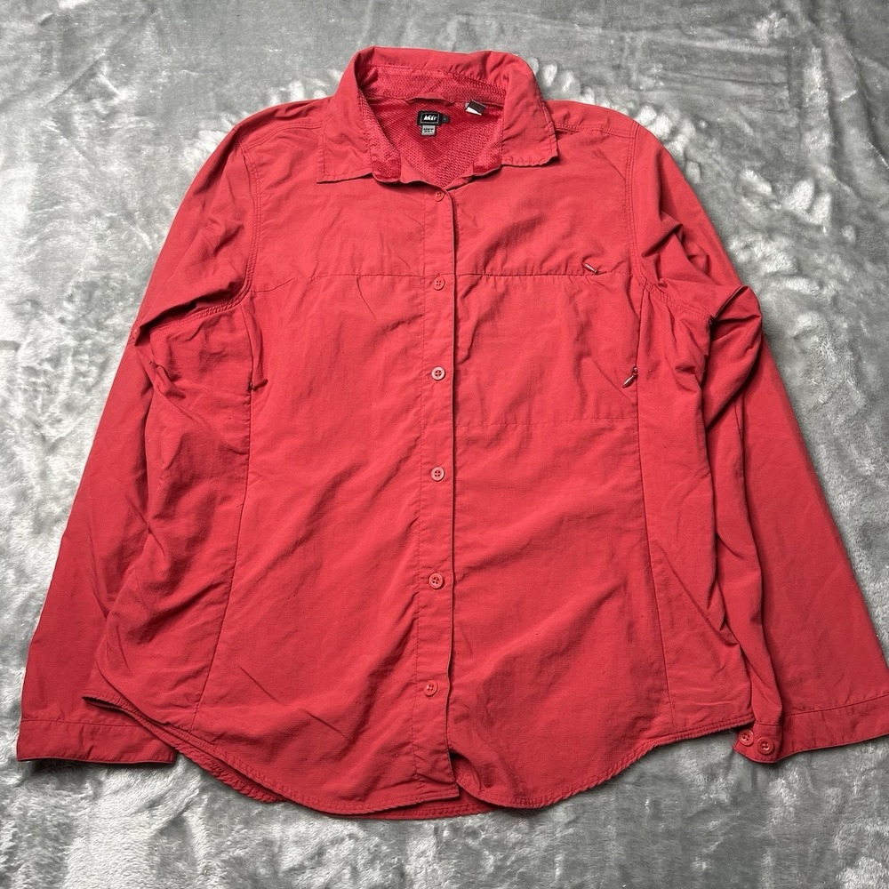 REI Shirt Women Size Large Red Zip Pocket and Vents UPF 30 Hiking Outdoors